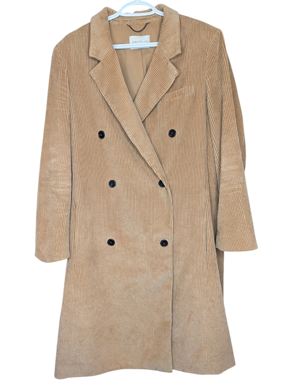 Babaton Corduroy Long Coat Camel Double Breasted Womens L